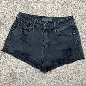 PacSun Black Distressed Denim Shorts High Waisted Frayed Hem Size 28